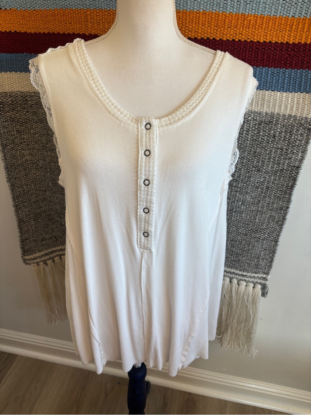 POL Cream Lace-Trim Henley Tank Top